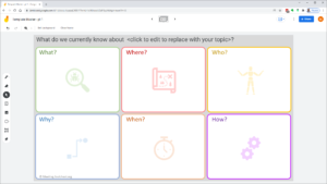 Image of Google Jamboard Instant Template for facilitating Kipling's 5Ws and and H with teams and in meetings